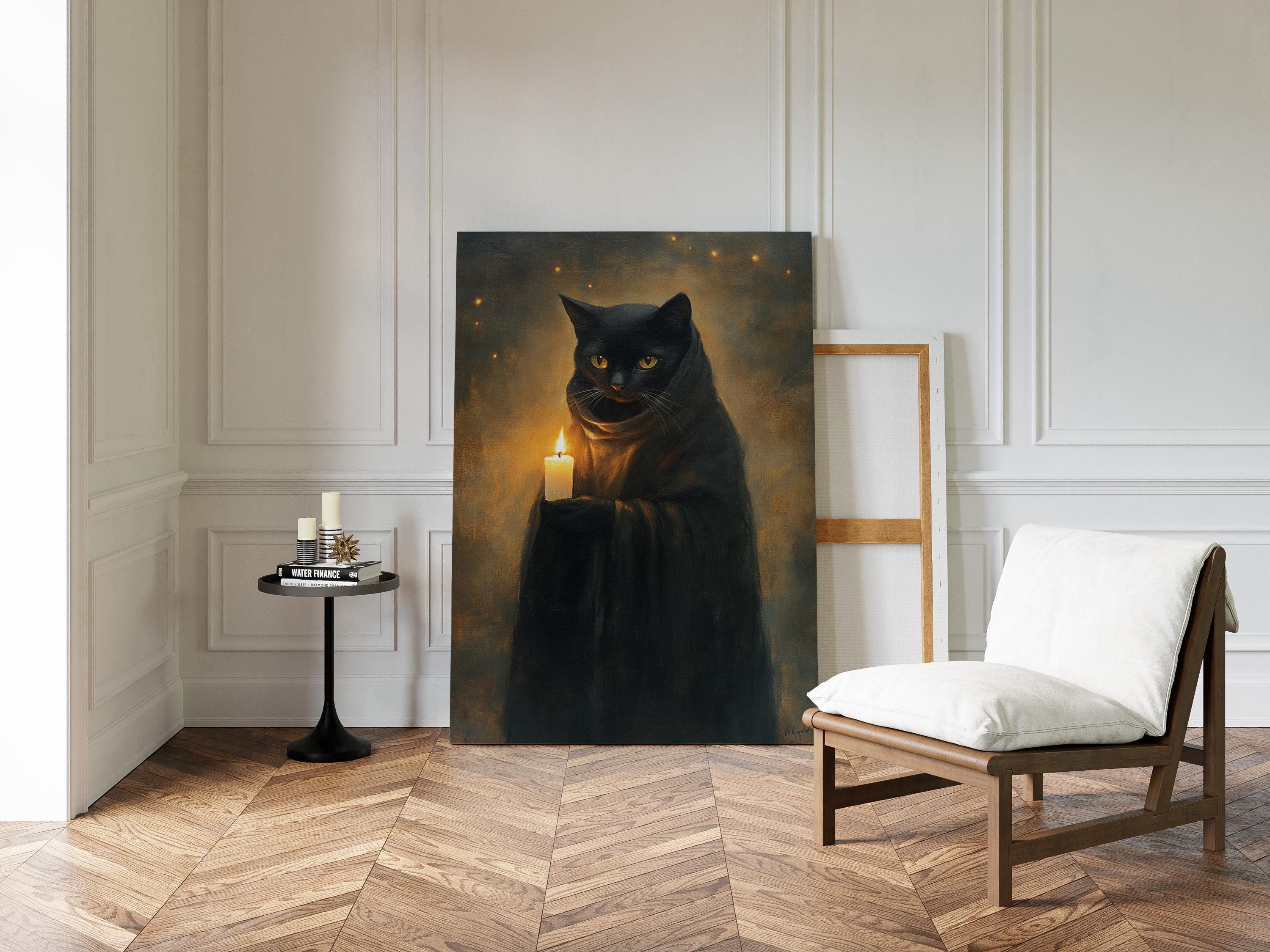 BLACK CAT　壁飾り棚 Black Cat Holding Candle – Gothic Halloween Wall Art for Witchy