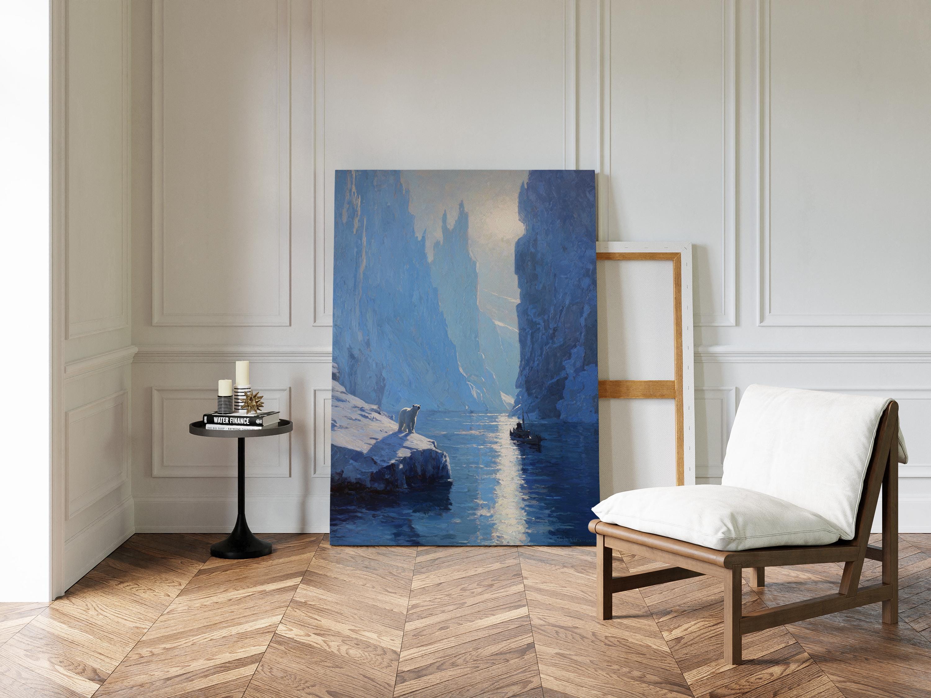 Polar Bear and Boat in Arctic Ice Fjord – Vintage Oil Painting Canvas Wall Art with Glacial Mountains and Sunlit Reflections