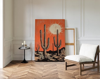 Retro Cactus Desert Wall Art, Saguaro Print with Bold Orange Sun, Western Minimalist Poster, Vintage Southwest Home Decor Landscape