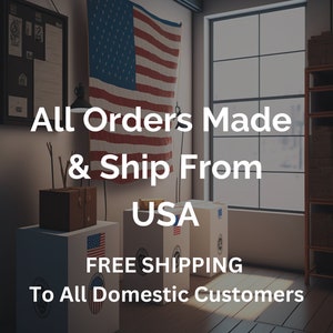May include: A white box with the words "All Orders Made & Ship From USA" and "FREE SHIPPING To All Domestic Customers" printed on it. The box is sitting on a wooden floor with an American flag hanging in the background. The text "Orders Ship in 2-7 Days" is printed below the box.