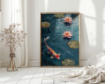 May include: A framed print of a koi fish swimming in a pond with pink water lilies. The water is a deep blue color and the lilies have white centers.