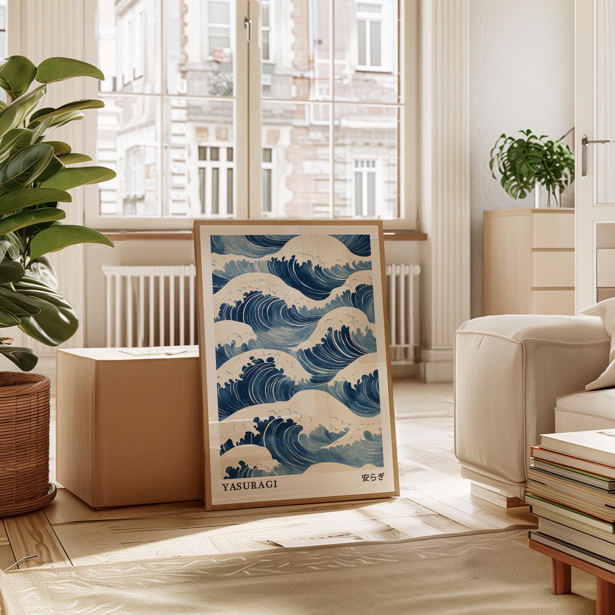 Yasuragi Japanese Wave Art Canvas – Tranquil Blue Ocean Wall Decor with Kanji for Peace in Minimalist Ukiyo-e Style