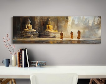 Golden Buddha Temple Canvas, Zen Buddhist Monks Art, Spiritual Meditation Wall Decor, Sacred Enlightenment Painting, Asian Temple Print