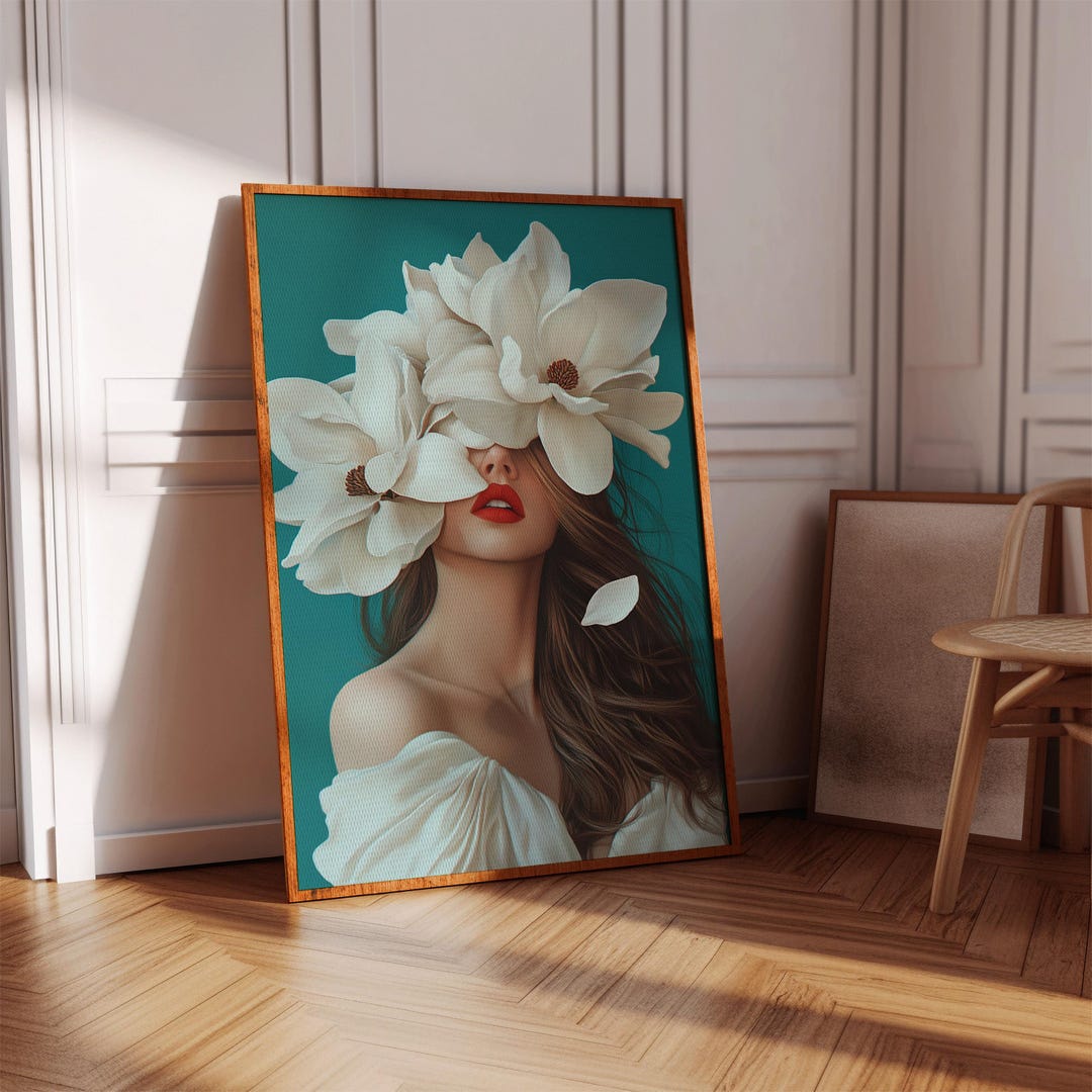 Modern Floral Woman Wall Art – Surreal Beauty Portrait With White ...