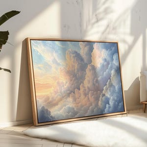 Ätherischer Sonnenaufgang Wolken Leinwandkunst - Verträumtes Pastellhimmelgemälde für ein friedliches Zuhause und eine spirituelle Wanddekoration