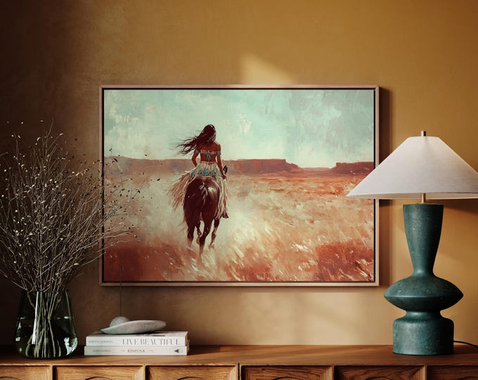 Native Woman Riding Through Desert Plains | Western Canvas Wall Art | Boho Rustic Indigenous Horseback Painting