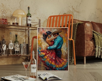 Lienzo romántico de danza vaquera occidental / Impresión colorida de arte popular mexicano / Pintura al óleo de pareja apasionada para decoración de pared / Ambiente festivo