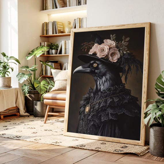 Gothic Raven Portrait Wall Art – Victorian Bird in Black Lace Dress and Hat With Blush Roses, Dark Academia Corvid Canvas Print