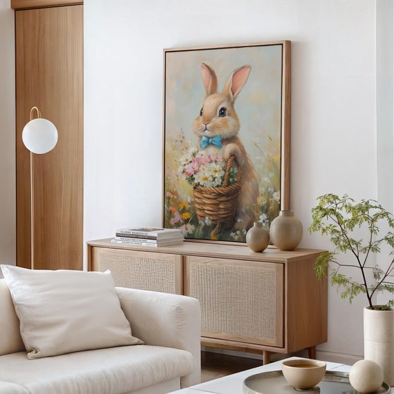 Charming Bunny Canvas Art - Cute Rabbit With Flowers in Basket, Adorable Pastel Spring Wall Decor, Perfect for Nursery or Easter Decor - Etsy Canada