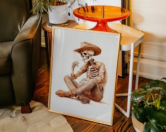 Cowboy Skeleton Art | Western Halloween Canvas Print for Rustic Autumn Home and Seasonal Decor