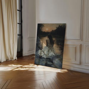 May include: A painting of a woman in a white dress sitting in a body of water with lily pads. The woman is facing away from the viewer and the water is reflecting the light of the moon.