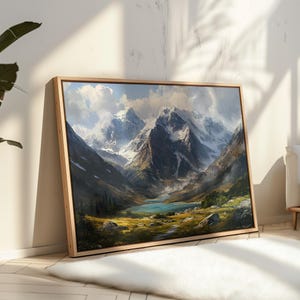 Majestic Mountain Landscape Canvas, Alpine Lake Wall Art, Snowy Peaks Nature Print, Wilderness Adventure Decor, Scenic Valley Painting
