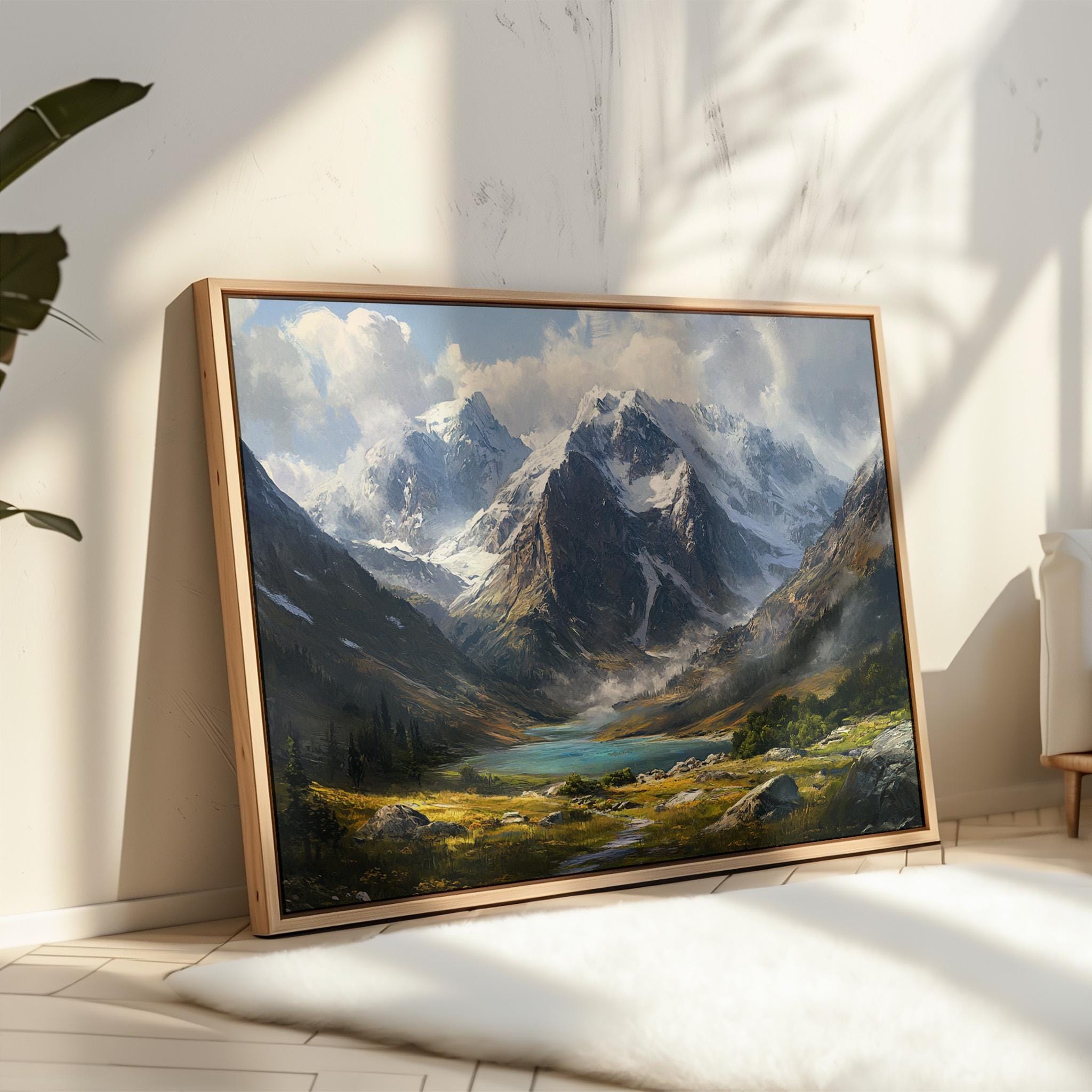 Majestic Mountain Landscape Canvas, Alpine Lake Wall Art, Snowy