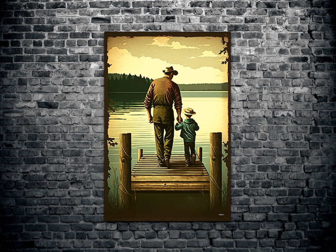 Grandpa and Grandson Vintage Fishing Poster, Canvas Wall Art