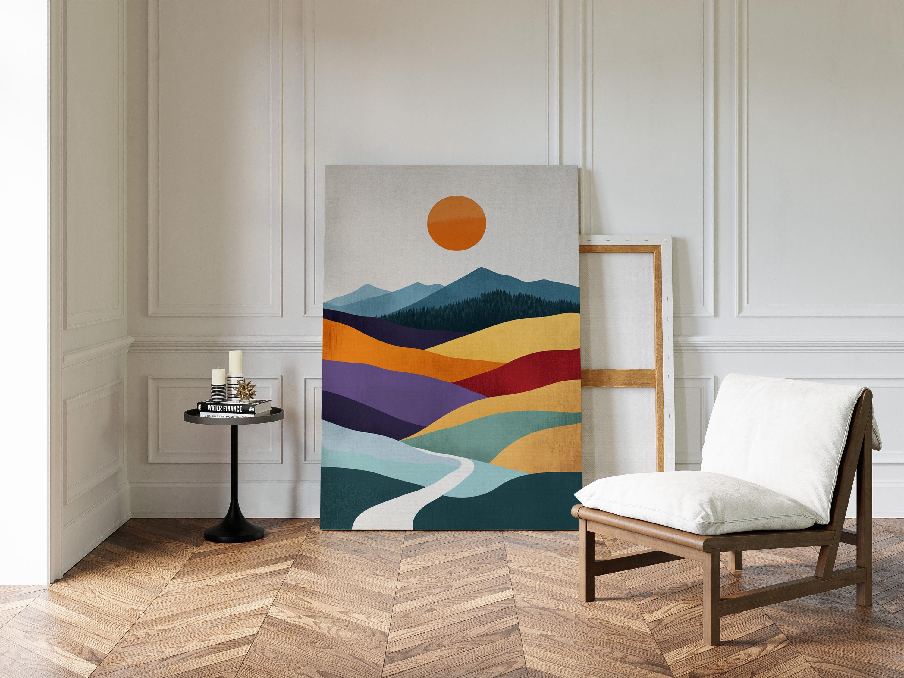 Colorful Abstract Mountain Landscape Canvas – Modern Sun and Hills