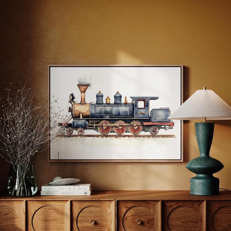 May include: A watercolor painting of a blue and gold steam locomotive train on a white background. The train has a large smokestack and several smaller smokestacks. The train is on a track with a white background.