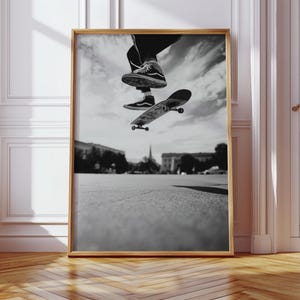 Black and White Skateboarding Wall Art, Urban Skate Trick Action Photography, Cool Teen Room Decor, Skater Jump Print for Boys Room