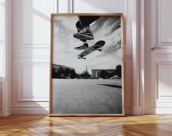 Black and White Skateboarding Wall Art, Urban Skate Trick Action Photography, Cool Teen Room Decor, Skater Jump Print for Boys Room