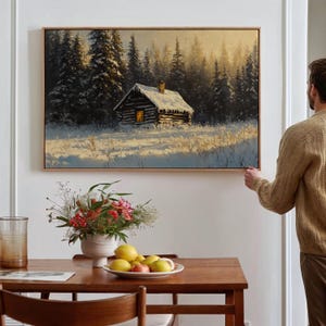 Cozy Cabin in Snow Canvas Art, Winter Forest Scene Print, Rustic Lodge Wall Decor for Cabin Lovers