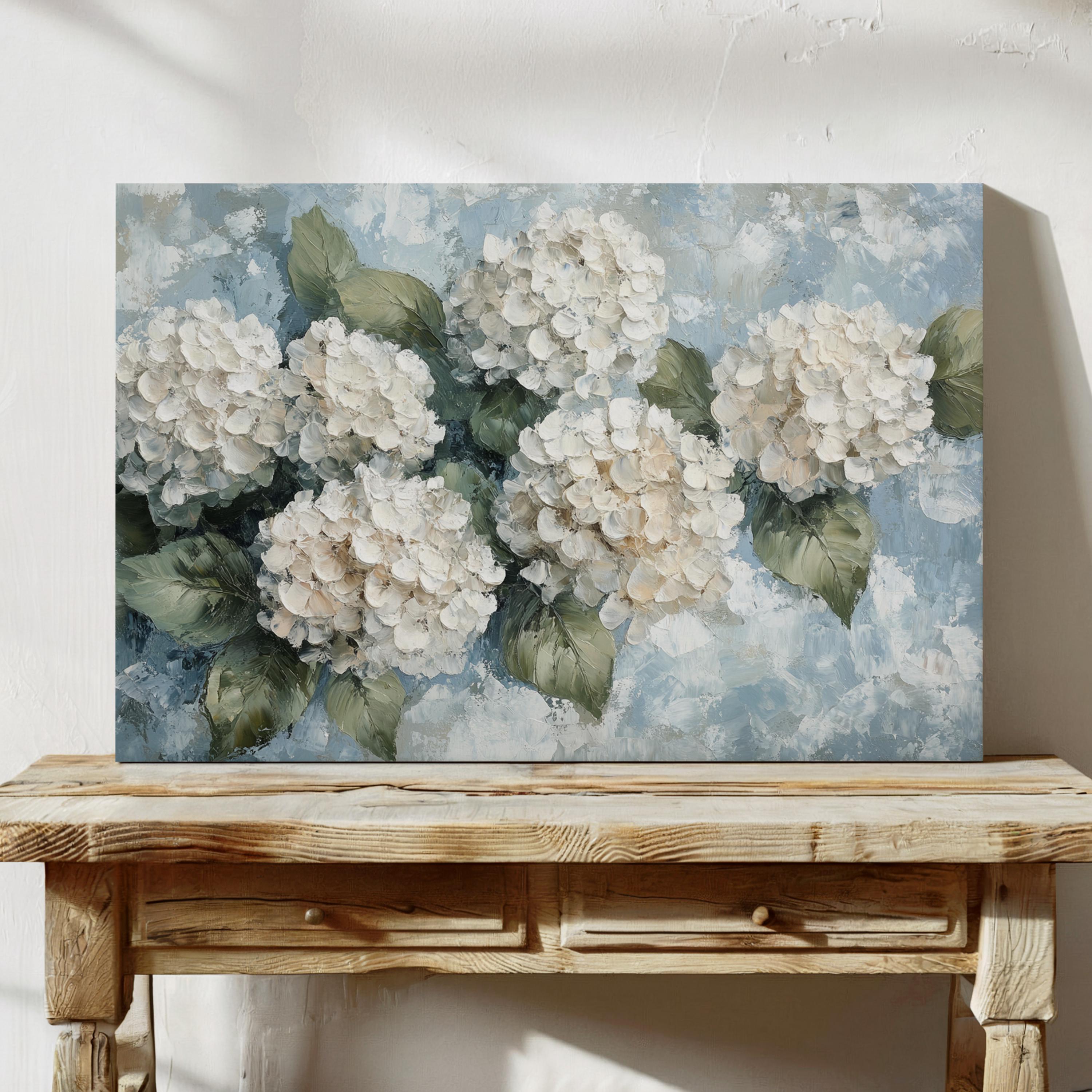 White Hydrangeas Canvas Wall Art - Textured Floral Painting, Blue ...