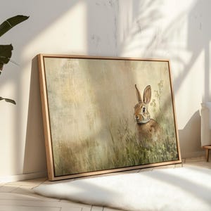 Adorable Rabbit in Meadow Canvas Wall Art - Rustic Wildlife Print with Soft Neutral Tones for Farmhouse or Nature-Inspired Decor
