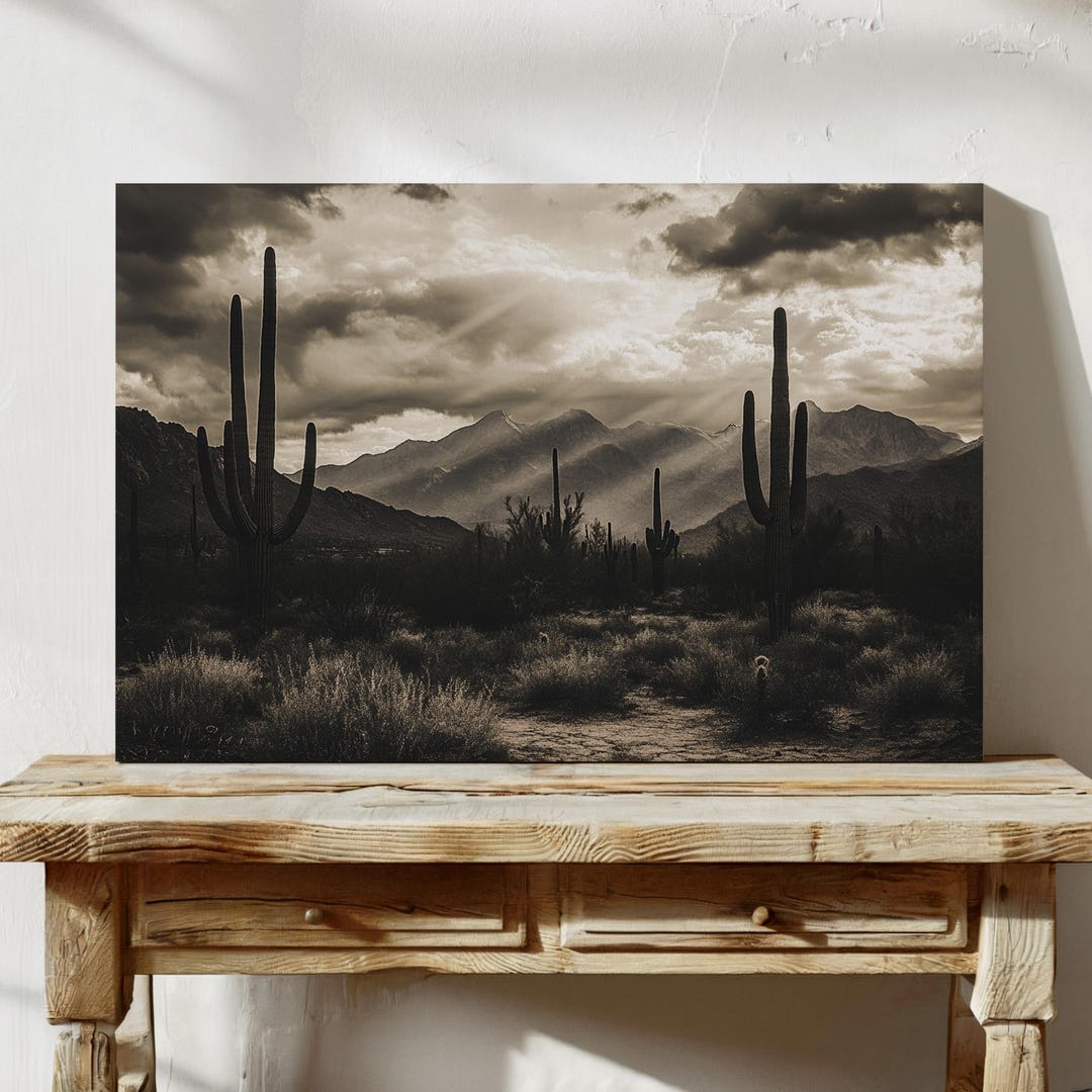 Desert Landscape Canvas Wall Art, Vintage Western Cactus Print, Moody ...