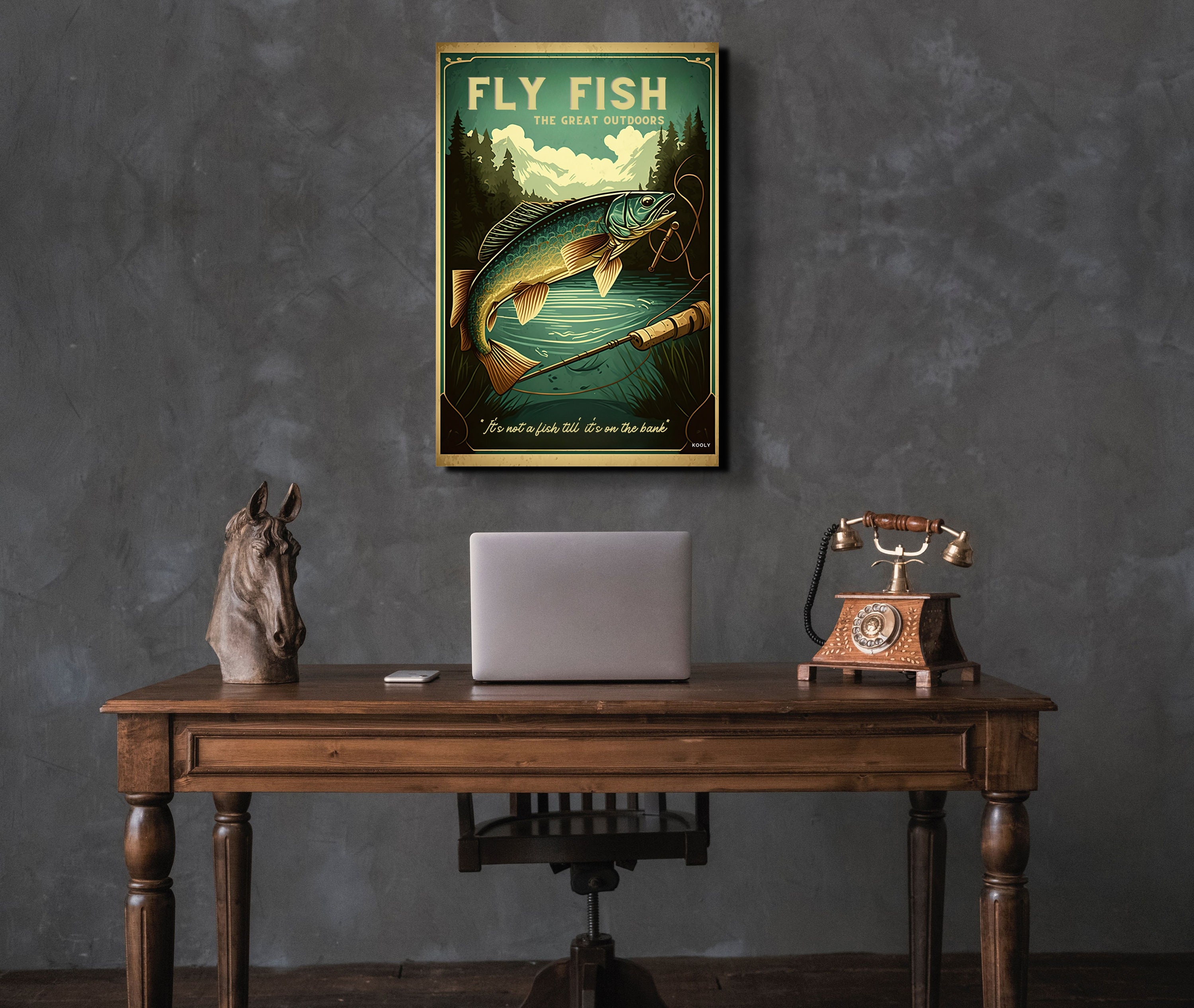 Vintage Fly Fishing Wall Art Canvas Retro Fishing Print Travel Poster,  Sports, Home Art, Wall Art, Gift for Him, Dad Gift, Koolyart 