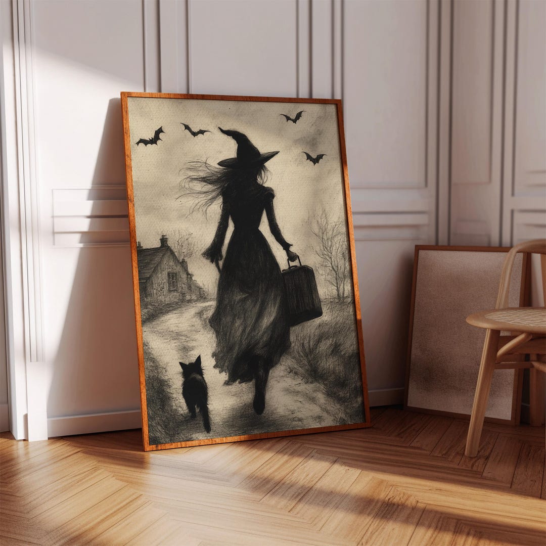 Vintage Witch and Black Cat Halloween Canvas Wall Art, Gothic Witchy ...