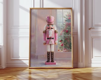 Arte de parede em tela quebra-nozes rosa, decoração festiva de Natal com árvore de Natal, pintura elegante de soldado para sala de estar sazonal ou entrada