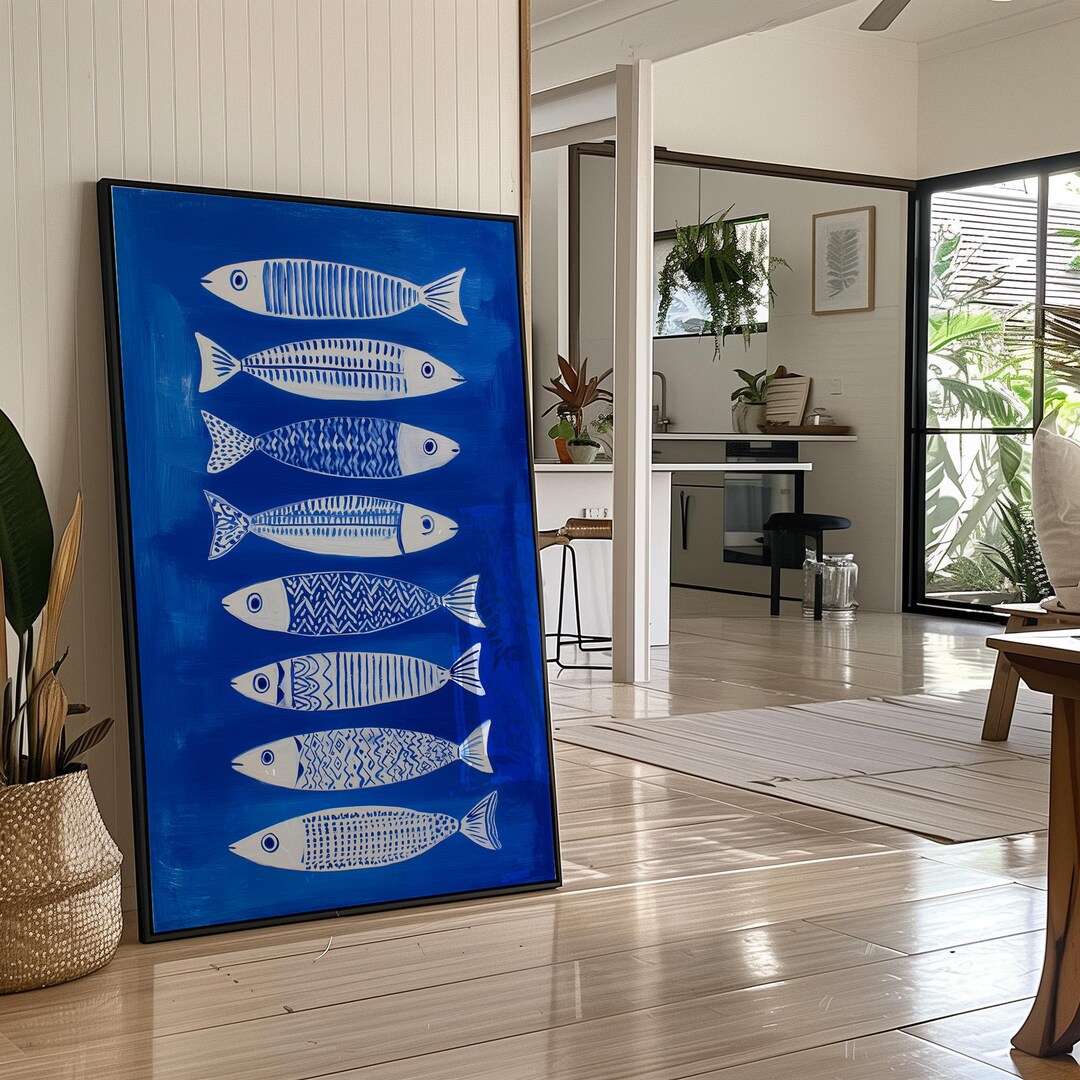 Blue Fishbone Pattern Blue Fish Pattern Art | Nautical Canvas Print With Hand-drawn Sardines ...