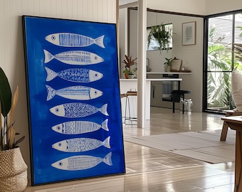 Blue Fish Pattern Art | Nautical Canvas Print with Hand-Drawn Sardines for Coastal Kitchen or Beach House Decor