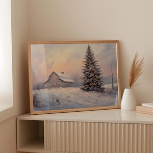 Rustic Barn & Christmas Tree in Snowy Winter Landscape | Vintage Holiday Farmhouse Scene with Twinkling Lights and Peaceful Ambience