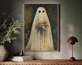 Kunst auf Leinwand, Gespenst, Wildblumenstrauß Skurrile gruselige niedliche Wanddekoration | Cottagecore Halloween ästhetischer Druck