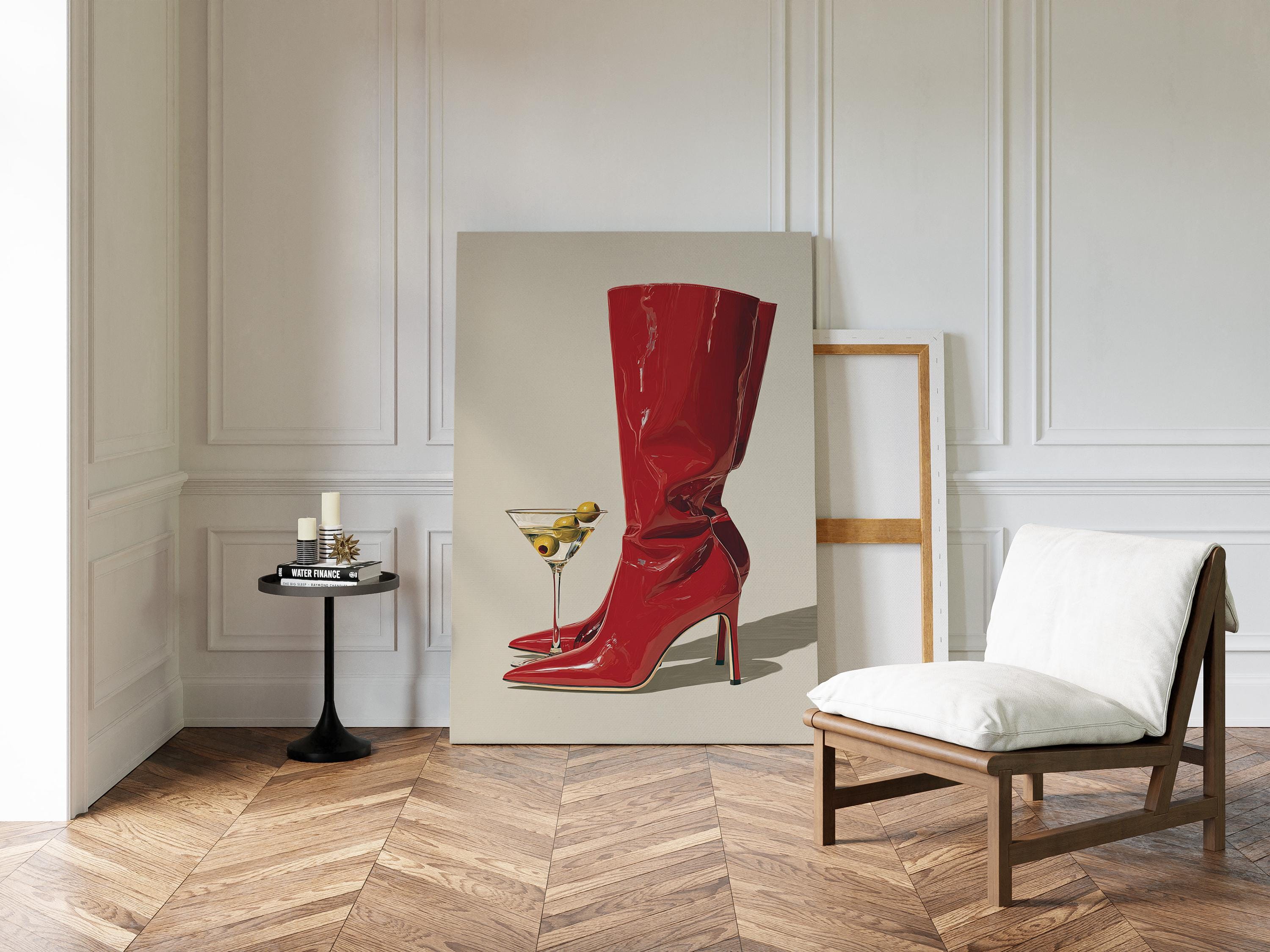 Red High Heel Boots and Martini Canvas Wall Art, Chic Fashion
