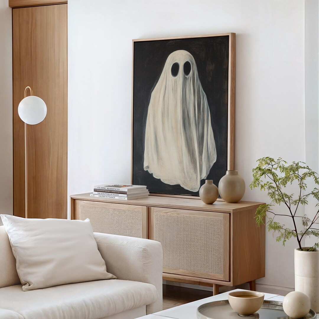 Vintage Ghostly Figure in Draped White Sheet - Haunting Minimalist Oil ...