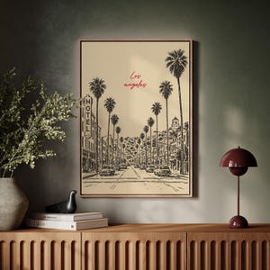 Los Angeles Street Scene Art | Vintage Line Drawing Palm Tree Print | California Cityscape Canvas Wall Decor