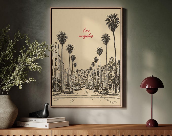 Los Angeles Street Scene Art | Vintage Line Drawing Palm Tree Print | California Cityscape Canvas Wall Decor
