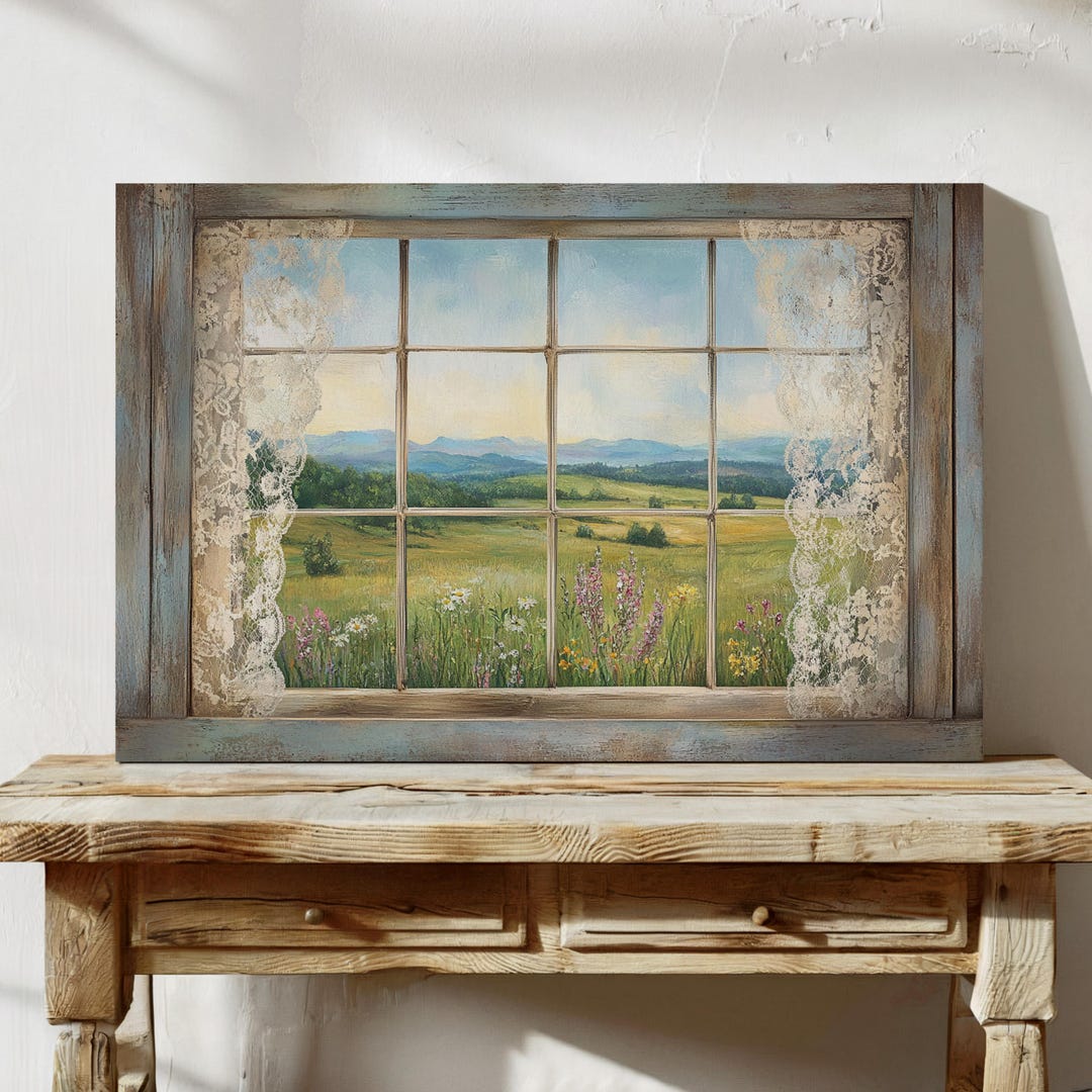 Rustic Window View Canvas Wall Art – Serene Countryside Landscape With ...