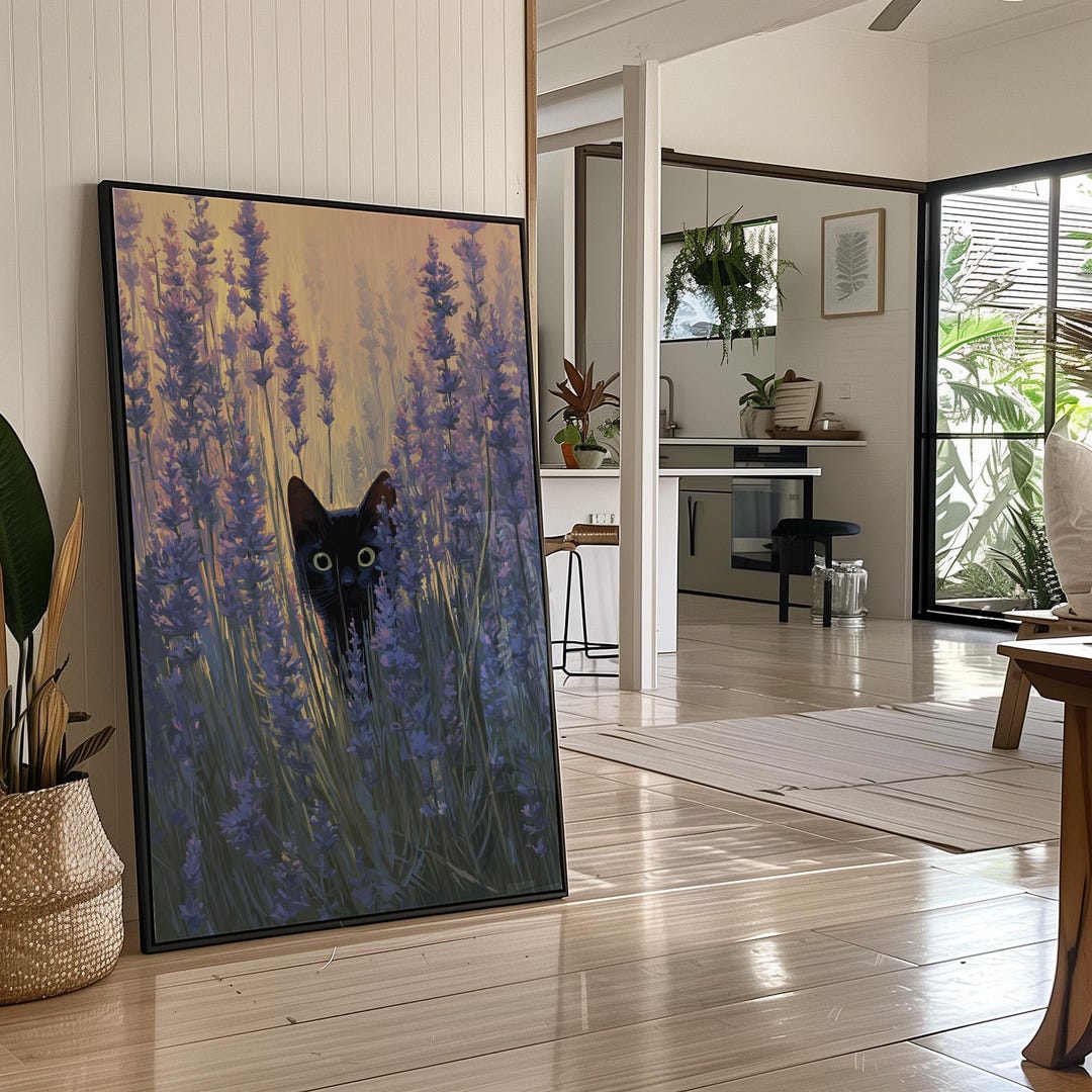 Black Cat Lavender Field Wall Art Vintage Oil Painting Canvas, Floral ...