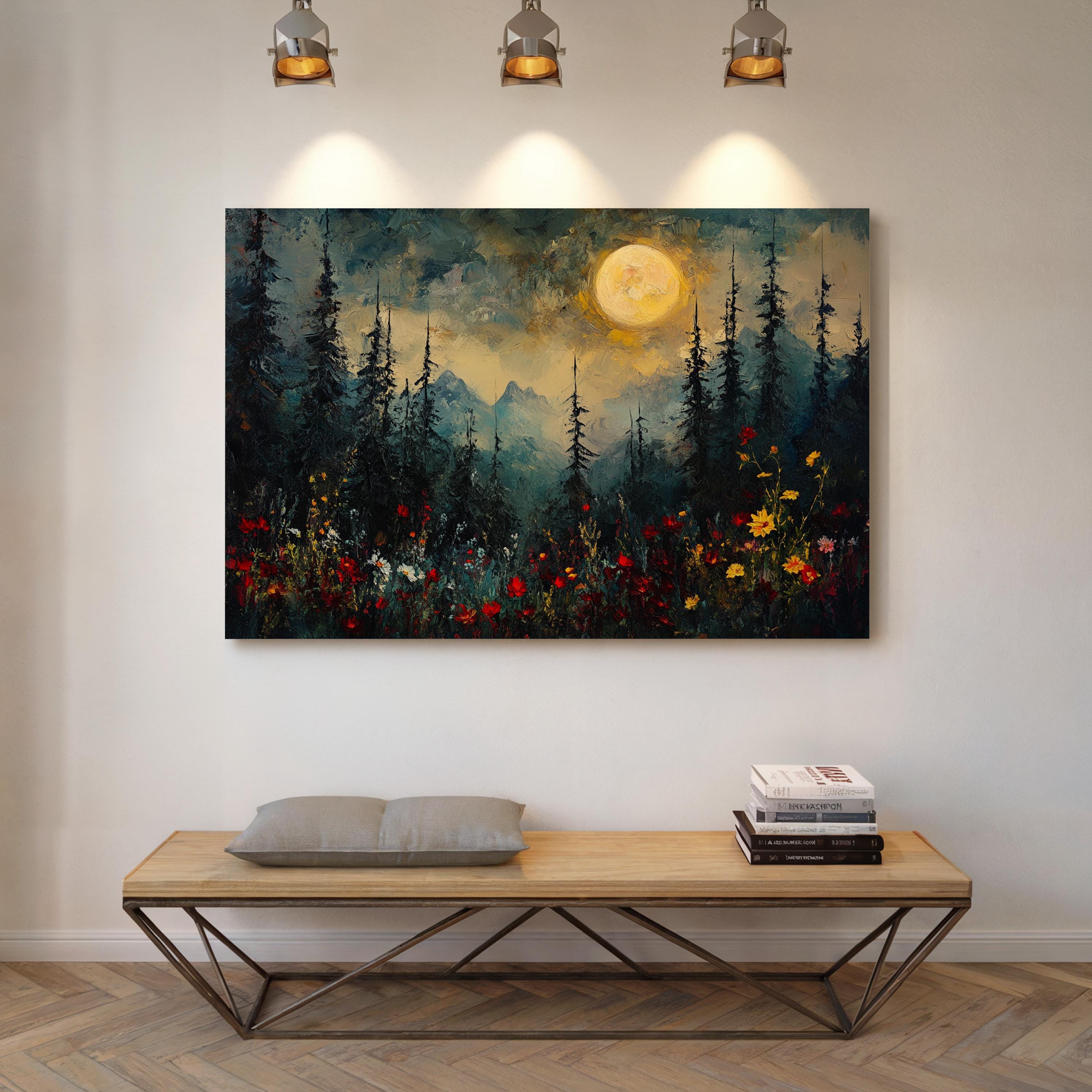 Moonlit Forest Canvas Wall Art - Vibrant Wildflowers, Pine Trees, and ...