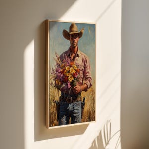 Cowboy with Wildflowers Canvas Art, Rustic Western Wall Decor, Romantic Vintage Oil Painting for Farmhouse Style Homes