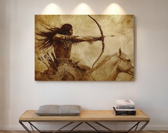 May include: A sepia-toned illustration of a Native American man riding a horse and aiming a bow and arrow. The image has a vintage, aged look.
