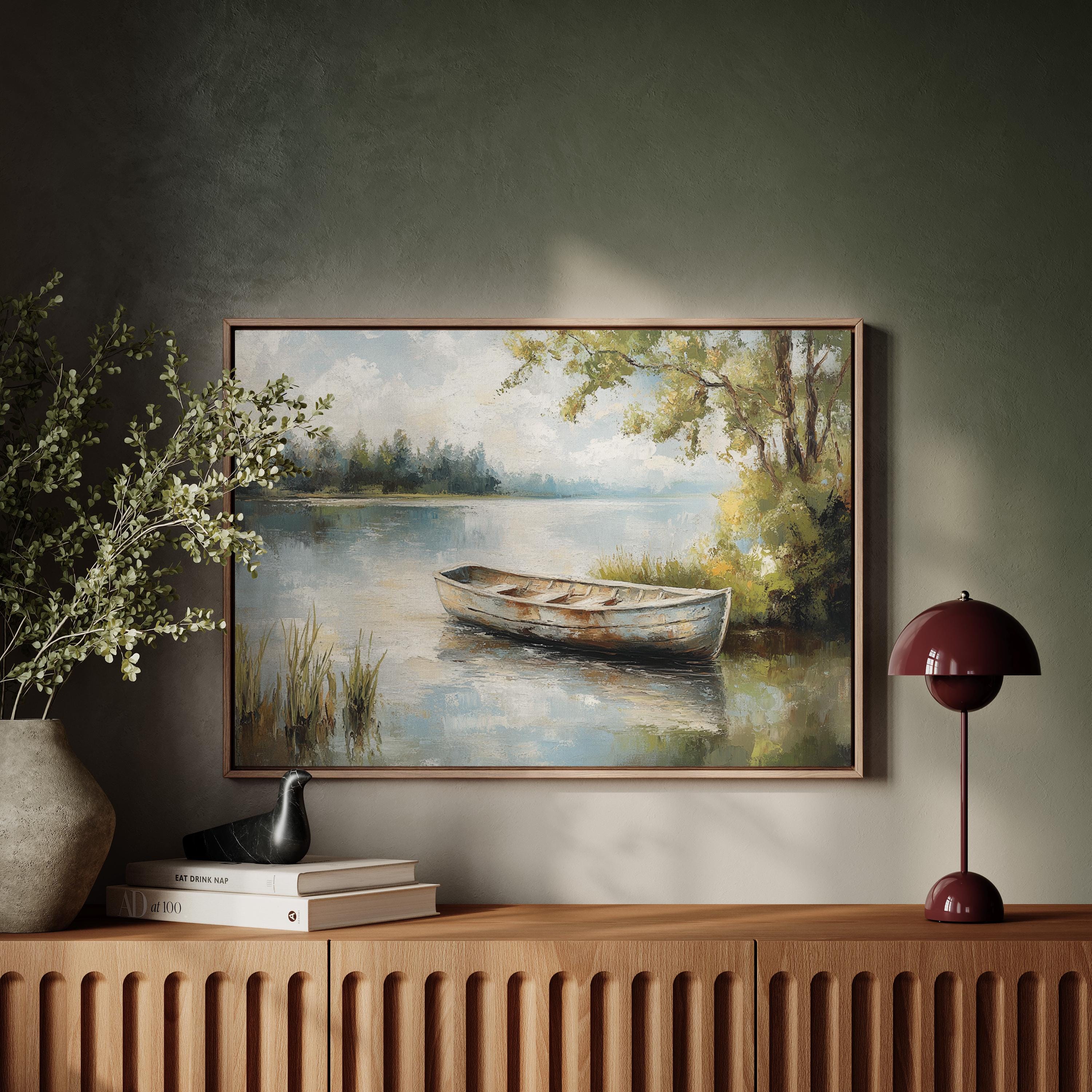 Tranquil Lakeside Boat Canvas Wall Art - Rustic Rowboat Painting for Nature-Inspired Home Decor and Serene Ambiance