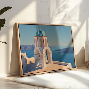Santorini Greece Canvas Wall Art | White and Blue Dome Church with Aegean Sea View | Mediterranean Coastal Landscape Painting Print
