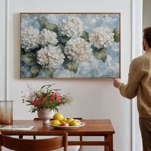 White Hydrangeas Canvas Wall Art - Textured Floral Painting, Blue Background, Elegant Flower Decor, Botanical Artwork for Home
