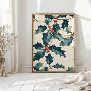 Christmas Holly Botanical Canvas Wall Art – Vintage Watercolor Print with Red Berries and Green Leaves for Holiday Farmhouse Decor
