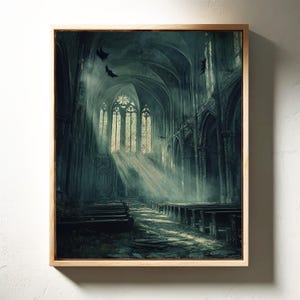 Eerie Gothic Cathedral Canvas Wall Art - Abandoned Church with Sunlit Beams and Bats - Vintage Gothic Decor for Dark Interiors