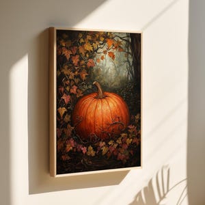 Autumn Pumpkin Canvas Wall Art - Rustic Fall-Inspired Artwork with Vibrant Leaves and Forest Backdrop for Seasonal Home Décor