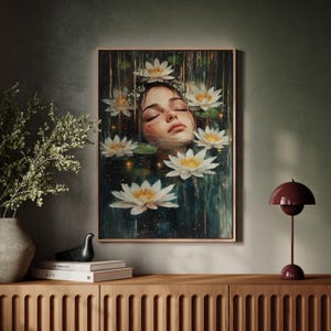 Dreamy Woman Floating in Water Lily Pond Canvas | Surreal Portrait with Lotus Flowers & Soft Sparkles | Ethereal Wall Art Print