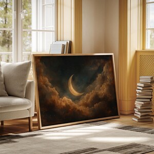 Crescent Moon and Golden Clouds Canvas Art - Dreamy Night Sky Wall ...